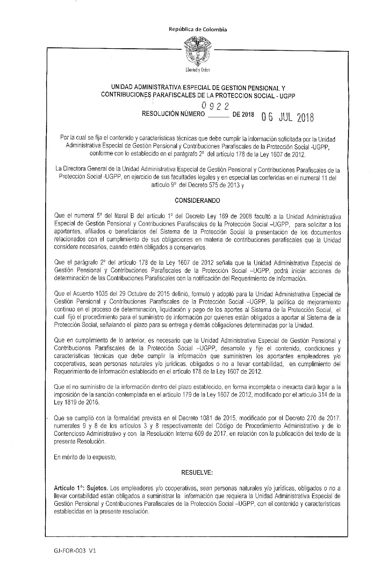 RESOLUCION N0922-06-07-2018-EXOGENA-UGPP-1-001-1